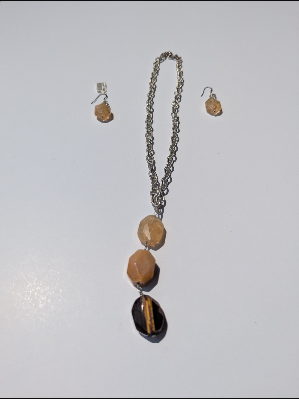 Tiger Eye And Beige Stone Pendant Necklace with Matching Earrings
